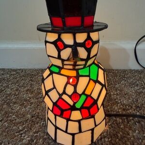 Stained Glass Snowman Lamp Leaded Glass Holiday Living Accent Tabletop 8” Tall